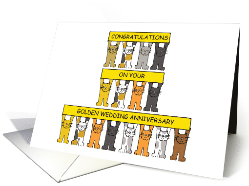 Golden Wedding Congratulations Cartoon Cats Holding Banners card