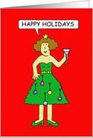 Happy Holidays Cartoon Lady Wearing a Christmas Tree Dress card