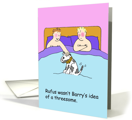 Gay Male Cartoon Humor Couple in Bed with their Dog the Threesome card