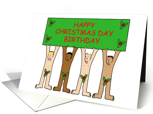Christmas Day Birthday December 25th Cartoon Naked Men with Holly card