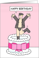 Happy Birthday Gay Man in a Sexy Outfit Leaping Out of a Cake Cartoon card