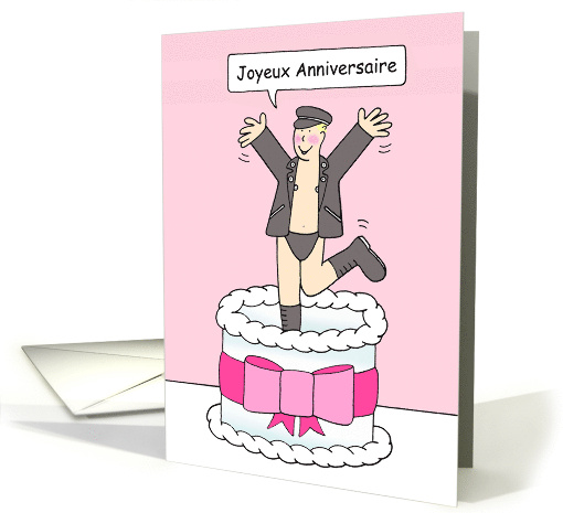 French Joyeux Anniversaire Cartoon Gay Man Leaping Out of a Cake card