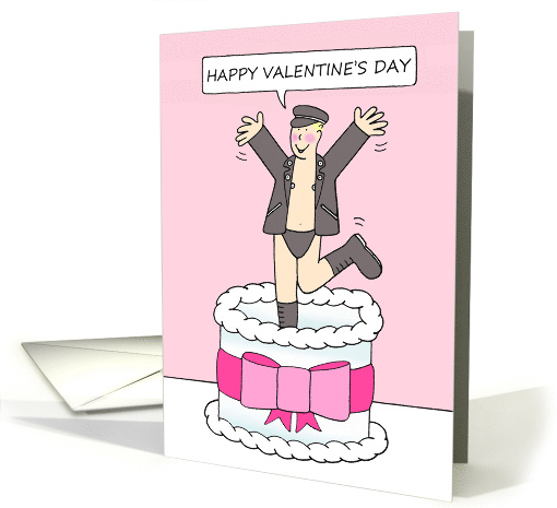 Gay Male Valentine Cartoon Sexy Man Jumping Out of a Cake card