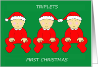 Triplets First Christmas Cute Cartoon Babies Wearing Santa Outfits card