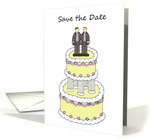 Save the Date Two Gay Grooms on a Cake Wedding Civil Partnership card
