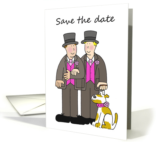 Save the Date Two Gay Grooms and a Dog Wedding Civil Partnership card