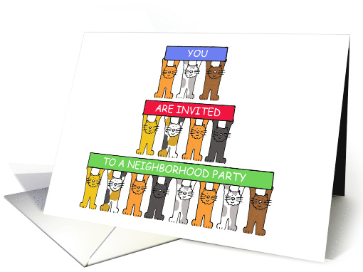 Neighborhood Party Invitation Cartoon Cats Holding Banners Up card