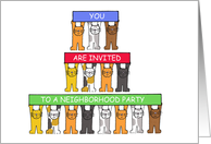 Neighborhood Party Invitation Cartoon Cats Holding Banners Up card