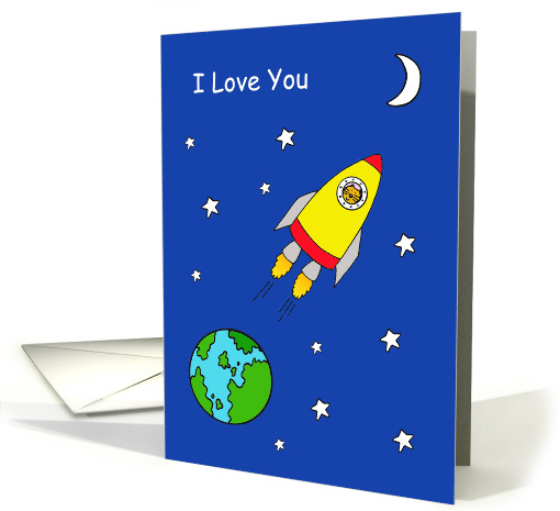 Romantic I Love You Cartoon Cat in a Space Rocket card (1357738)