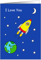 Romantic I Love You Cartoon Cat in a Space Rocket card