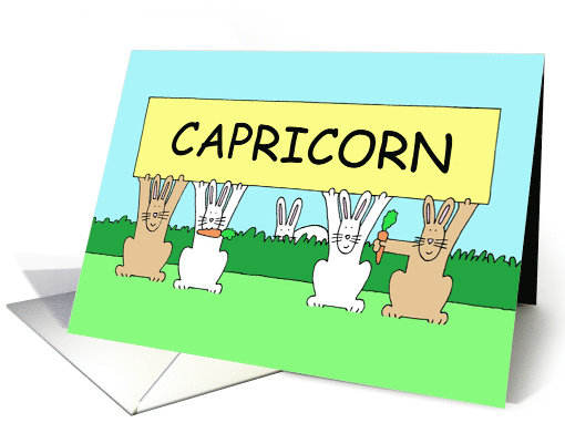 Capricorn Birthday Cartoon Bunnies wth Carrots and a Banner card