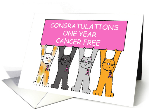 Congratulations One Year Cancer Free Cartoon Pink Ribbon Cats card
