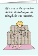 Middle aged woman starts to become invisible cartoon. card