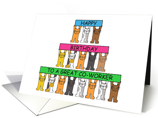 Co-worker Happy Birthday Cartoon Cats Holding Up Banners card
