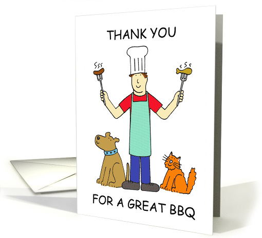 Thank You for a Great BBQ Cartoon Man and Pets card (1388284)