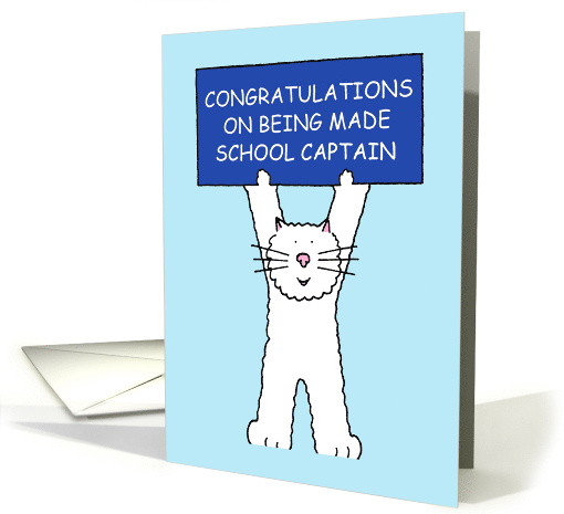 School Captain Congratulations Cartoon Cat Holding Up a Banner card