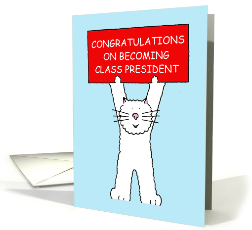 Class President Congratulations White Cartoon Cat Holding... (1390306)