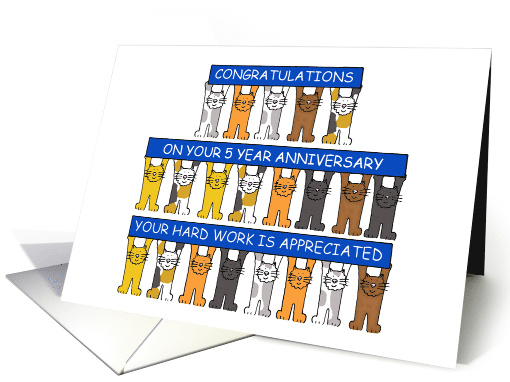 5 Year Work Anniversary Congratulations Cartoon Cats with Banners card
