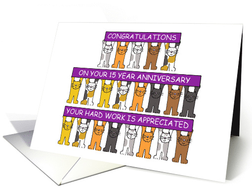 15 Year Work Anniversary Cartoon Cats Holding Up Banners card