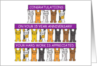 15 Year Work Anniversary Cartoon Cats Holding Up Banners card