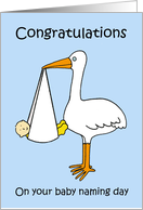 Baby Naming Day Congratulations for a Boy Cartoon Stork card