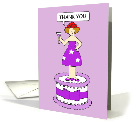 Lady in Red Hat Thank you Cartoon Lady Standing on a Giant Cake card