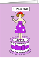 Lady in Red Hat Thank you Cartoon Lady Standing on a Giant Cake card
