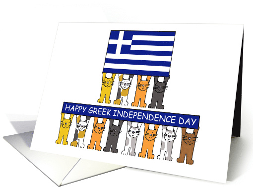Happy Greek Independence Day Cartoon Cats Holding a Flag & Banner card