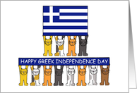 Happy Greek Independence Day Cartoon Cats Holding a Flag & Banner card