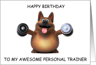 Happy Birthday Personal Trainer Cute Cartoon Dog with Hand Weights card