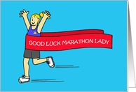 Good Luck Marathon Lady Cartoon Humor Running Through a Banner card