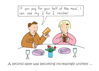 First Date Anniversary Cartoon Humor Couple with a 2 for 1 Voucher