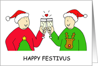 Happy Festivus Gay Male Couple in Santa Hats and Festive Sweaters card