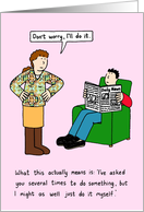 Relationship Humor Cartoon Who Does the Chores Couple card