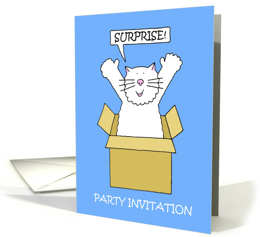 Surprise Party Invitation Cartoon Cat Jumping Out of a Box card