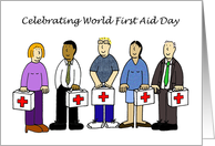 World First Aid Day Cartoon Group of People with First Aid Cases card