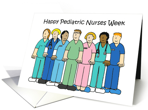 Happy Pediatric Nurses Week October Cartoon Group in Scrubs card