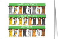 Waitress Happy Holidays Cartoon Cats in Santa Hats with Banners card