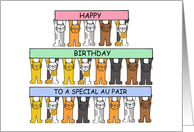 Happy Birthday Au Pair Cartoon Cats Standing Holding Banners card