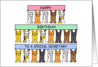 Happy Birthday Secretary Cute Carton Cats Holding Up Banners card
