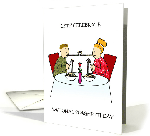 National Spaghetti Day January 4th Romantic Cartoon Couple Eating card