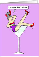 Happy Birthday Glamorous Cartoon Lady in Cocktail Glass Red Hat Fun card