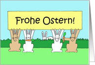 German Happy Easter Frohe Ostern Cartoon Bunnies with a Banner card