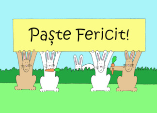 Romanian Happy Easter Cartoon Bunnies with Carrots in a Field