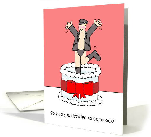 Coming Out Anniversary Sexy Cartoon Man Leaping from a Giant Cake card