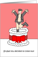 Coming Out Anniversary Sexy Cartoon Man Leaping from a Giant Cake card