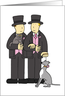 Gay Wedding Two Cartoon Grooms in Formal Wear with their Cat and Dog card