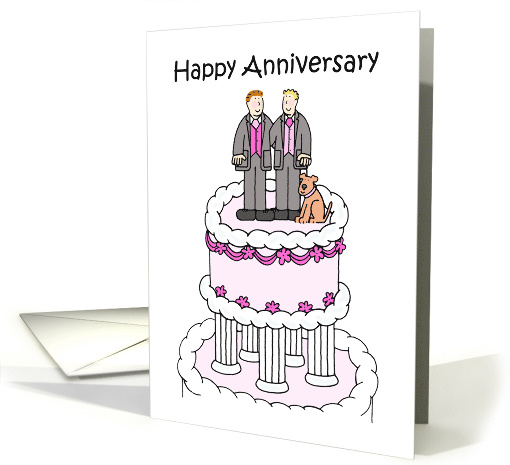 Happy Anniversary Gay Male Couple on a Cake With a Cartoon Dog. card