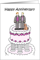 Happy Anniversary Gay Male Couple on a Cake With a Cartoon Dog. card