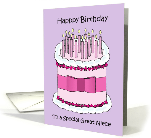 Great Niece Happy Birthday Cute Cake with Lit Candles and Bow card